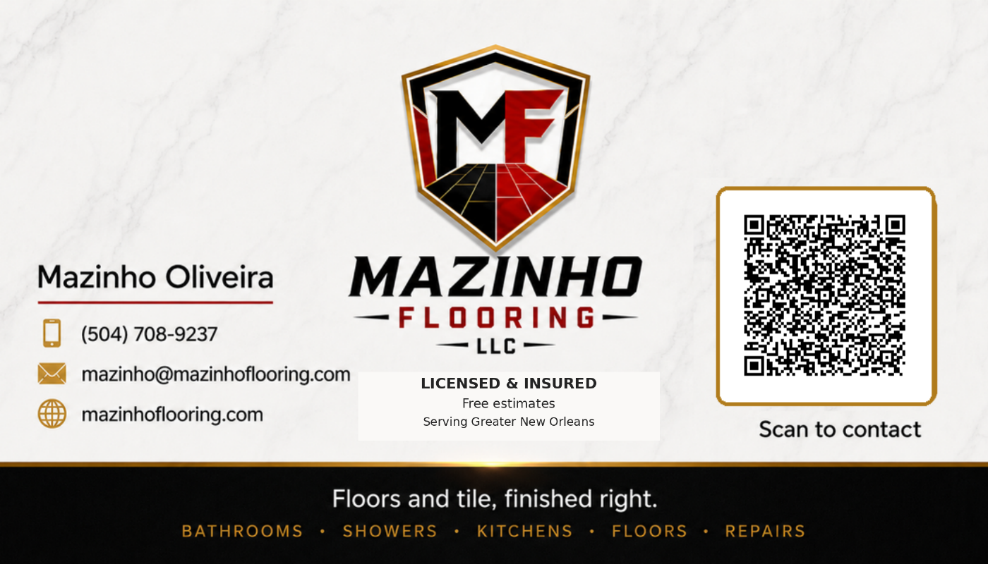 Mazinho Oliveira business card for Mazinho Flooring LLC with phone, email, website, and QR code