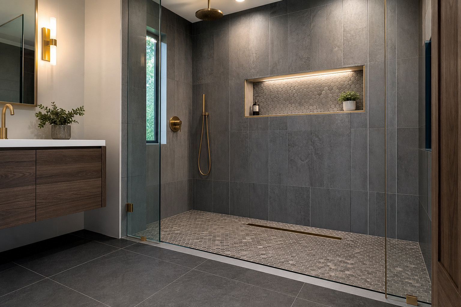 Finished walk-in shower with charcoal bathroom tile, mosaic shower floor, niche, and brass fixtures