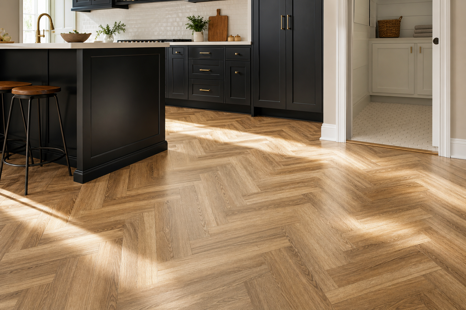 Finished kitchen floor with herringbone wood-look planks and a clean transition into tile