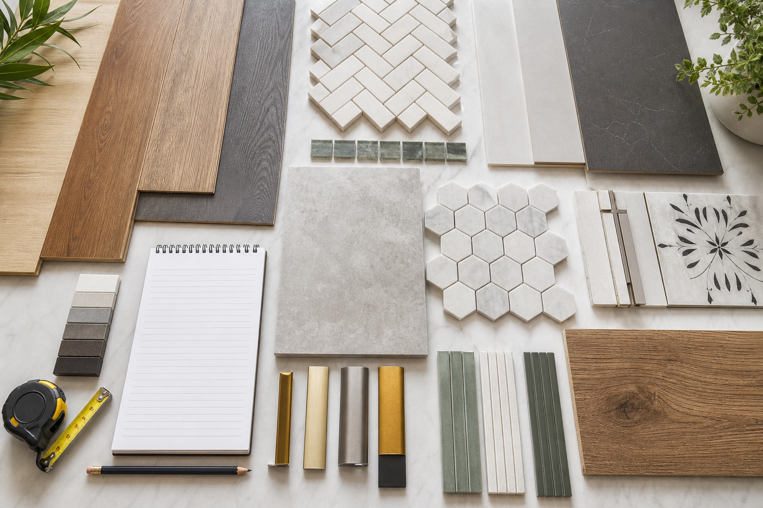 Flooring and tile samples with wood planks, porcelain tile, mosaic tile, trim, transition strips, and measuring tools